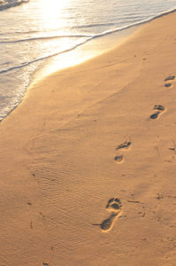 Footprints on sandy tropical beach at sunrise